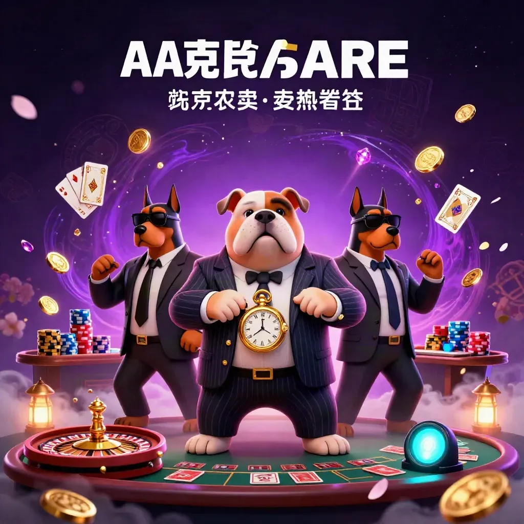 Bulldog casino boss and Doberman guards amid coins, roulette wheel, cards and neon energy.