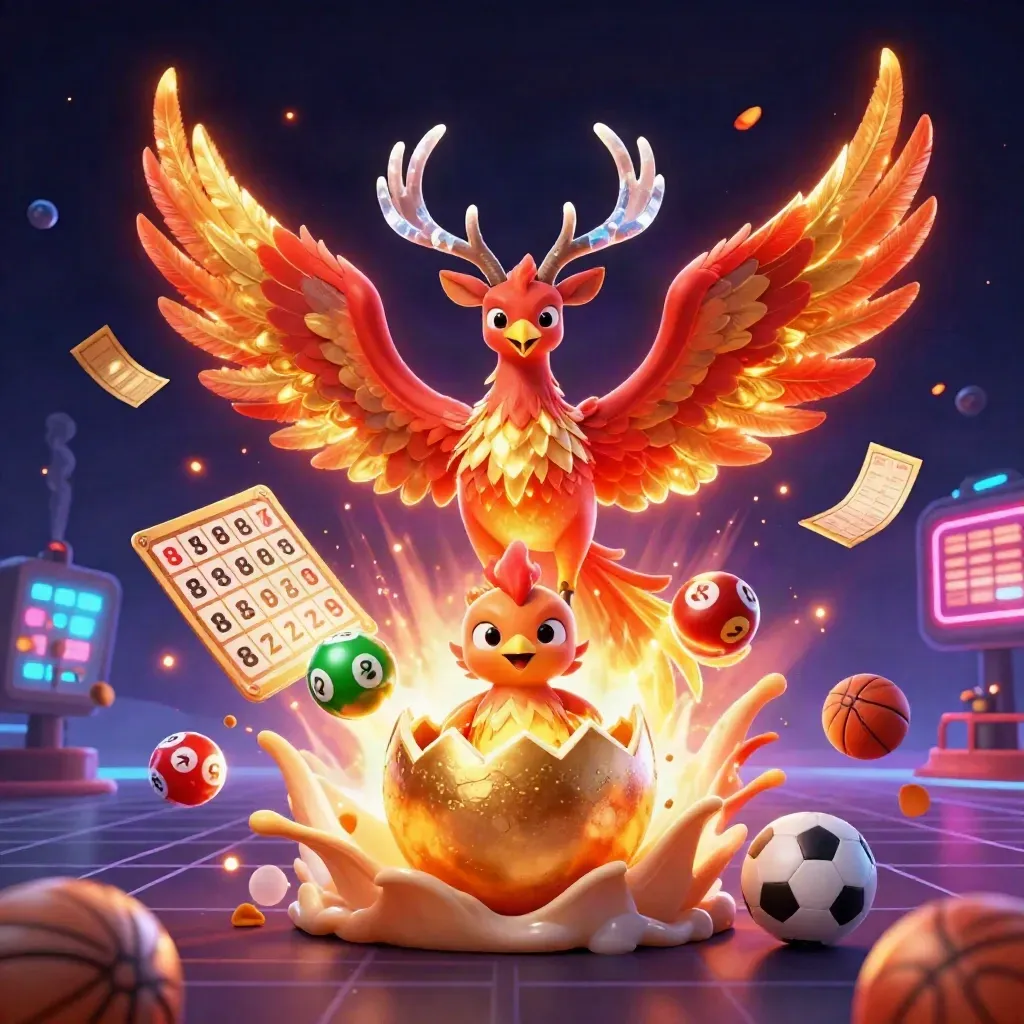 Phoenixes and a crystal stag burst amid casino icons on a neon indigo backdrop.