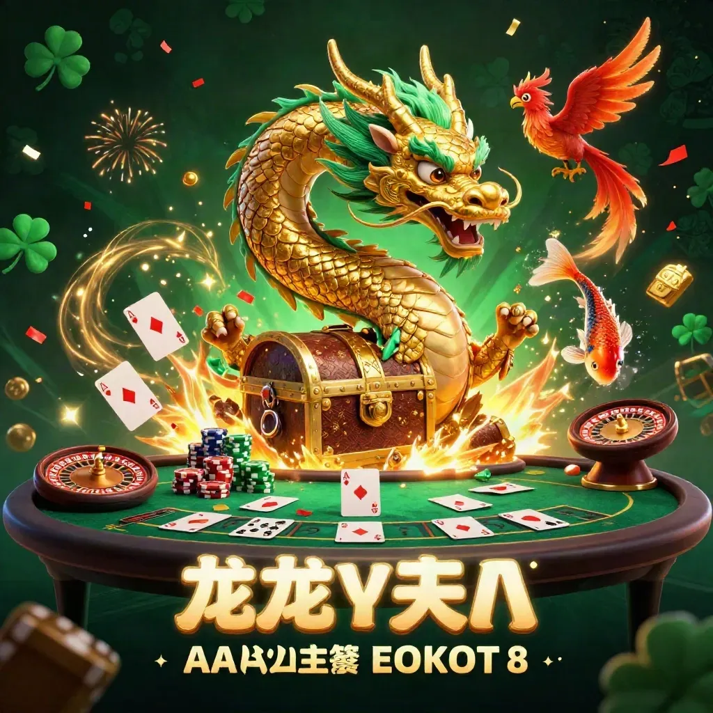Golden dragon with phoenix and koi amid casino elements, treasure, confetti, fireworks, and glowing emerald light