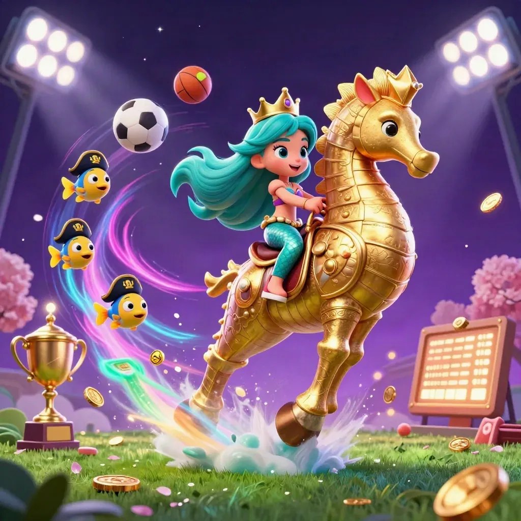 Mermaid princess on a gold seahorse amid flying sports balls, coins, and casino light