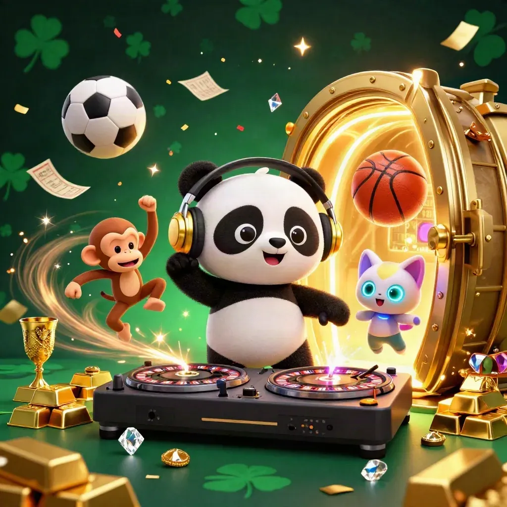DJ panda, breakdancing monkey, and glow-kitten amid gold vault treasure and casino lights