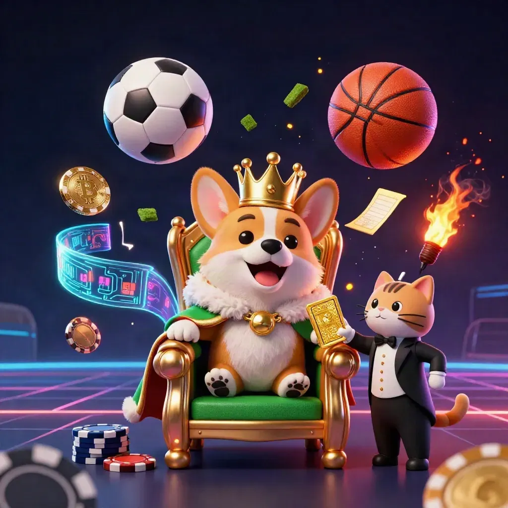 Royal corgi and cat butler amid flying sports balls, crypto coins, neon grid, casino glow