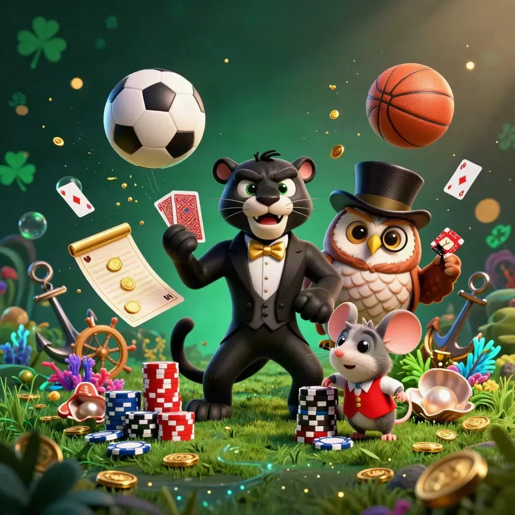 Panther, owl, and mouse amid coins, balls, and treasure in a glowing casino sports scene.
