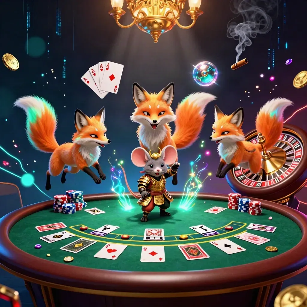 Neon fox spirit and samurai mouse over casino tables, chips, cards and glowing lights
