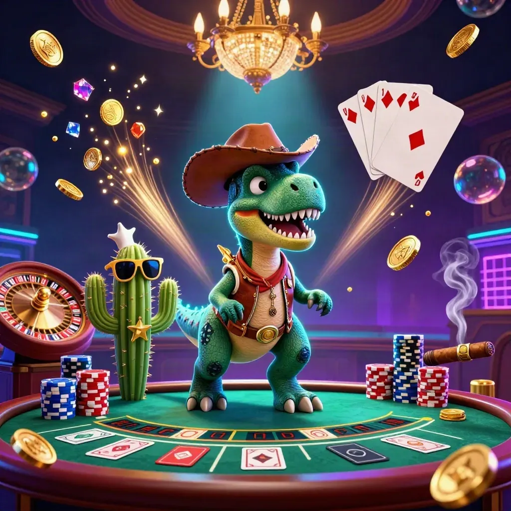 Cowboy T-Rex, cactus sidekick, and roadrunner in a luxe neon casino with spinning roulette and gold coins