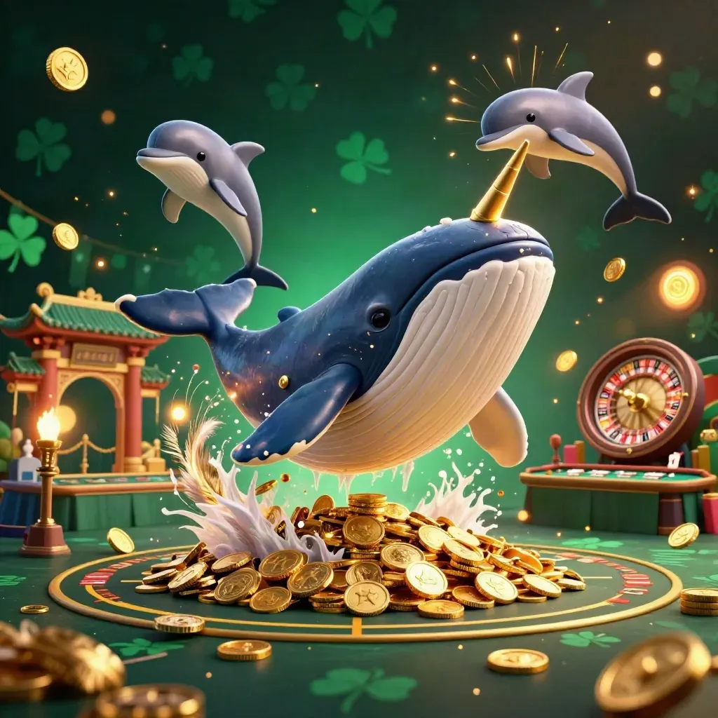 Whale captain, narwhal, and dolphins amid coins, banners, temple gate, and casino glow