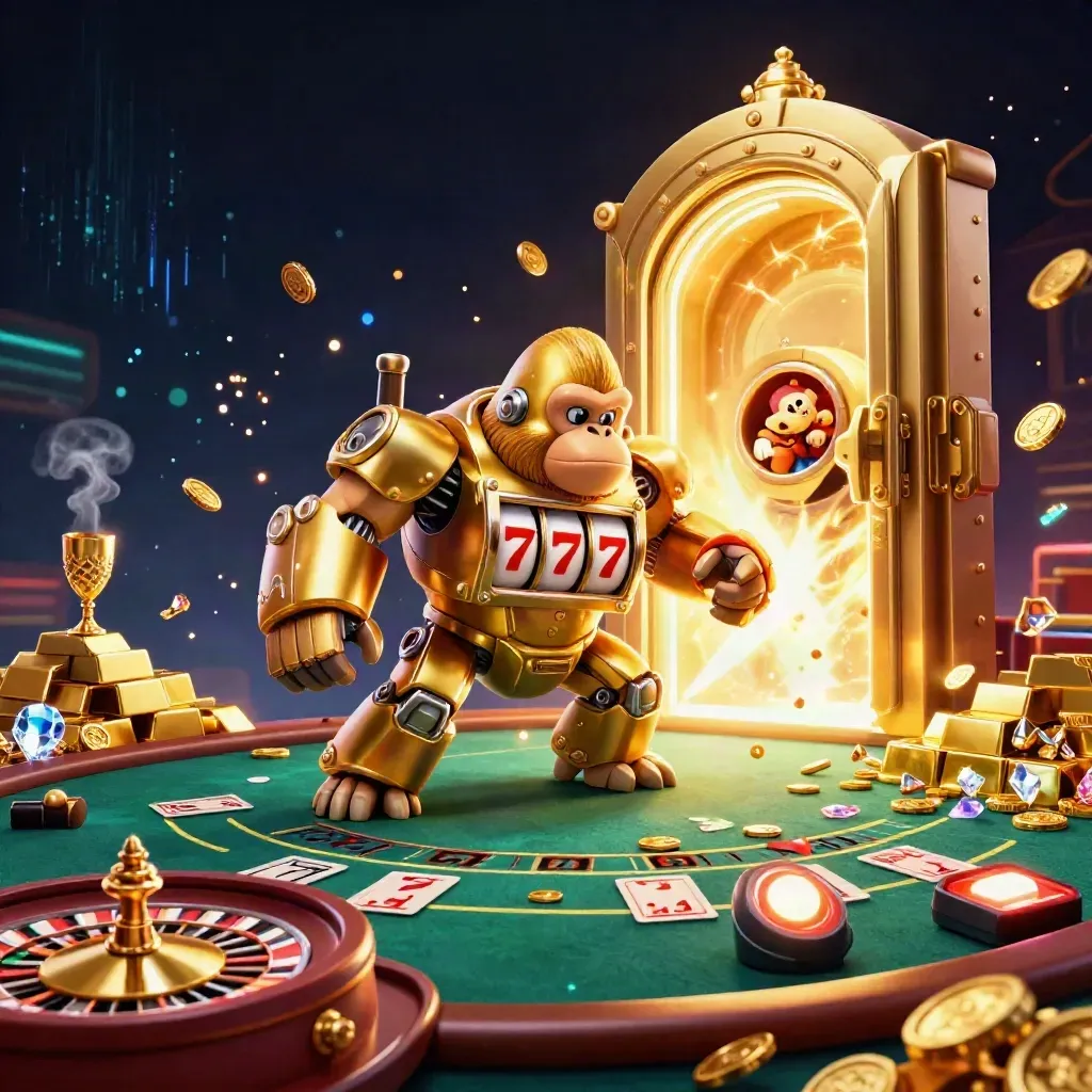 Golden gorilla mech with monkey pilot amid vault light, gold bars, and neon casino effects.