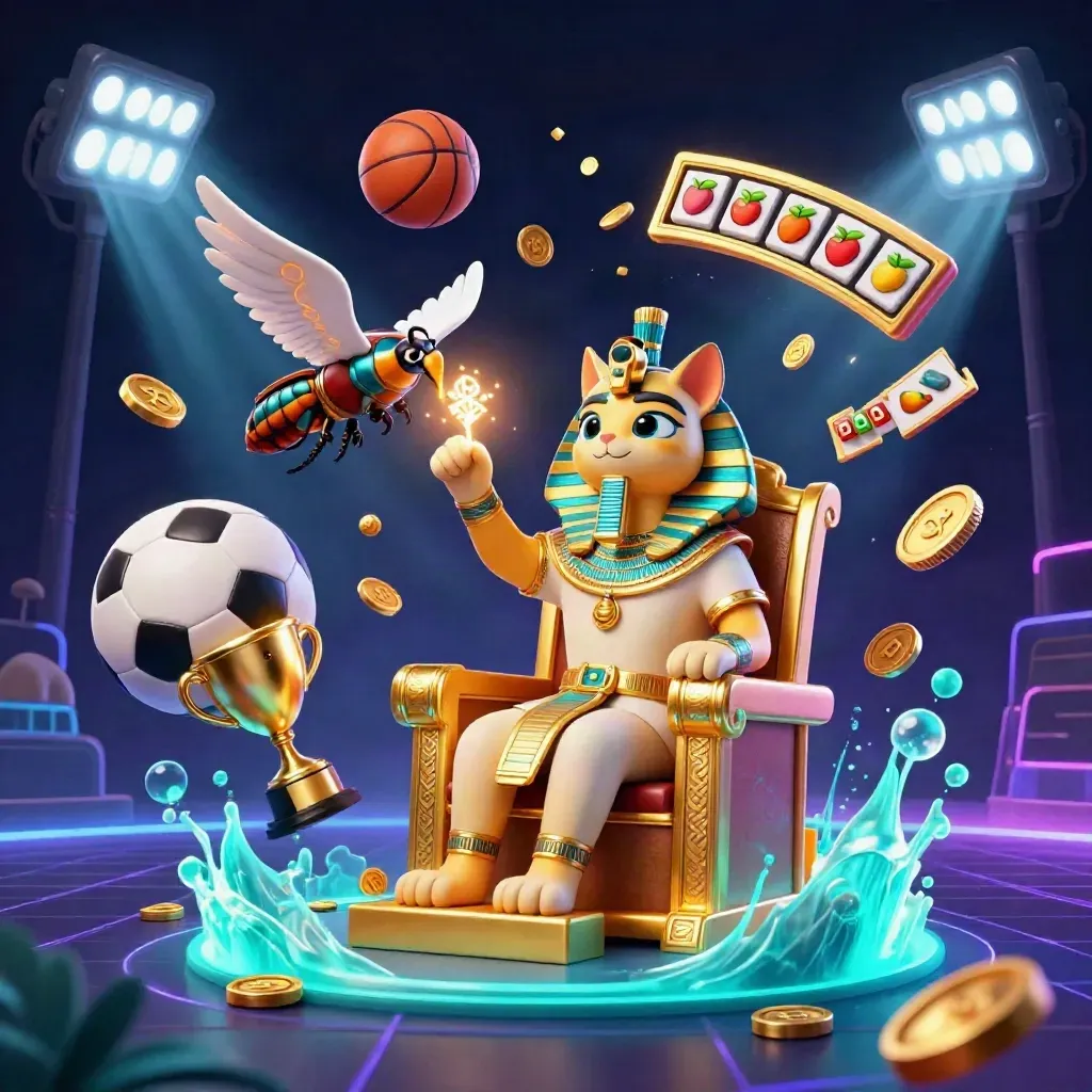 Pharaoh cat, ibis scribe and gem scarabs burst amid sports balls, trophy and casino glow.
