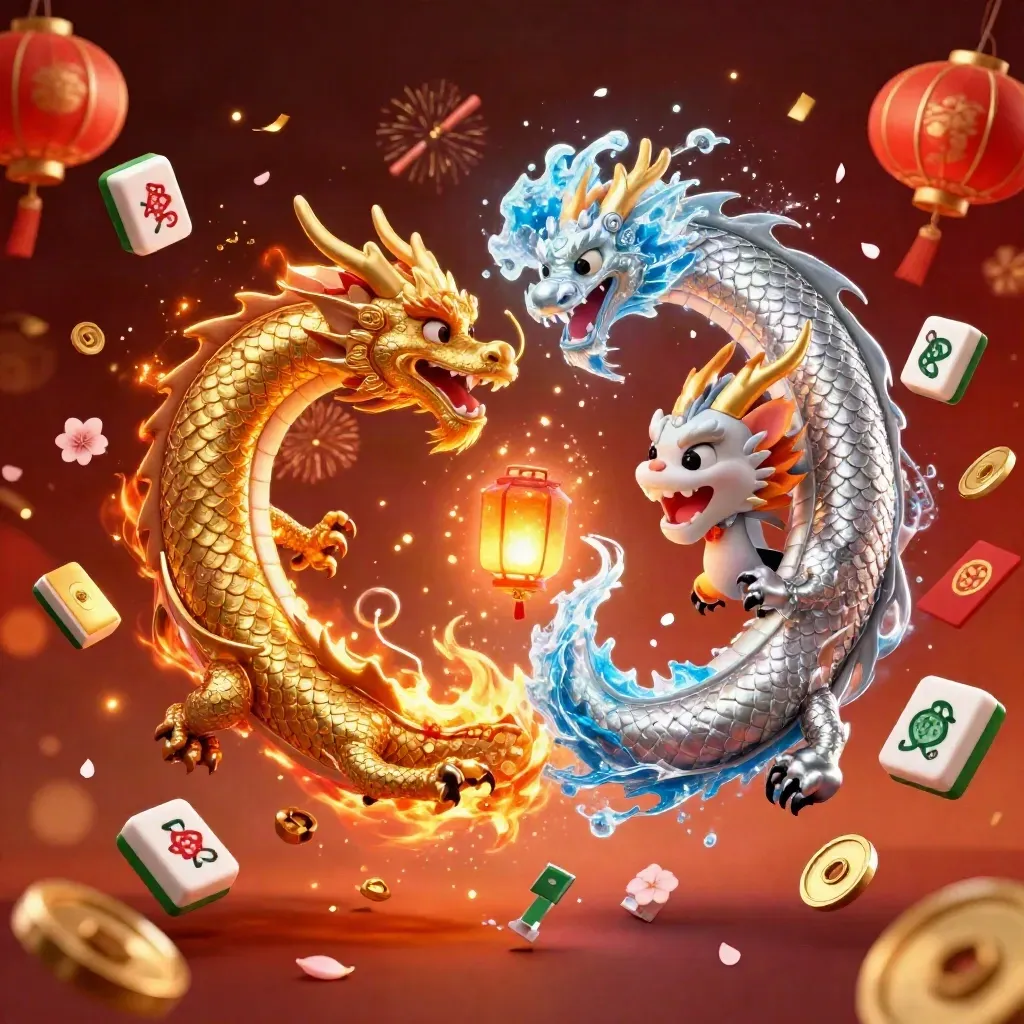 Twin gold and silver dragons spiral in yin-yang fire and ice amid casino treasure bursts.