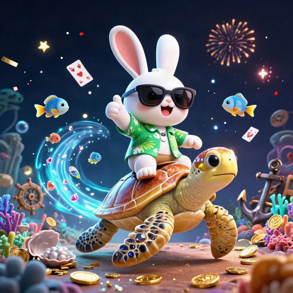 Lucky rabbit in sunglasses rides a gold turtle through a treasure cove of coins and coral
