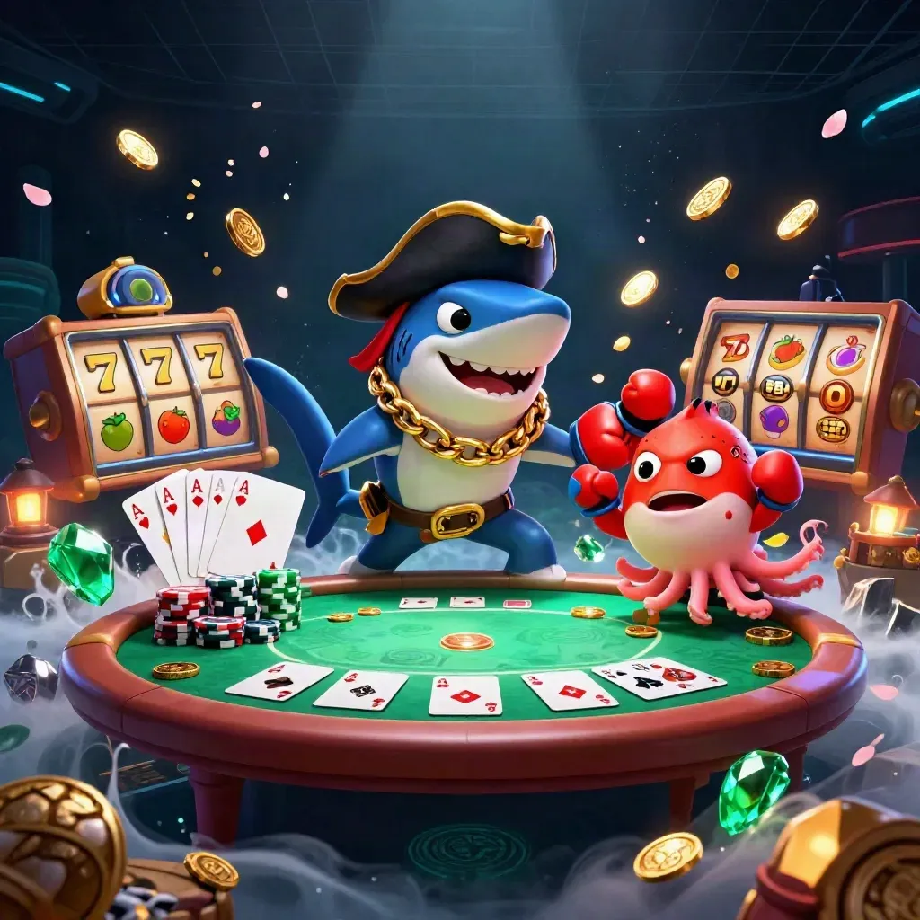 Pirate shark, red pufferfish, and baby octopus amid casino cards, chips, and emerald treasure