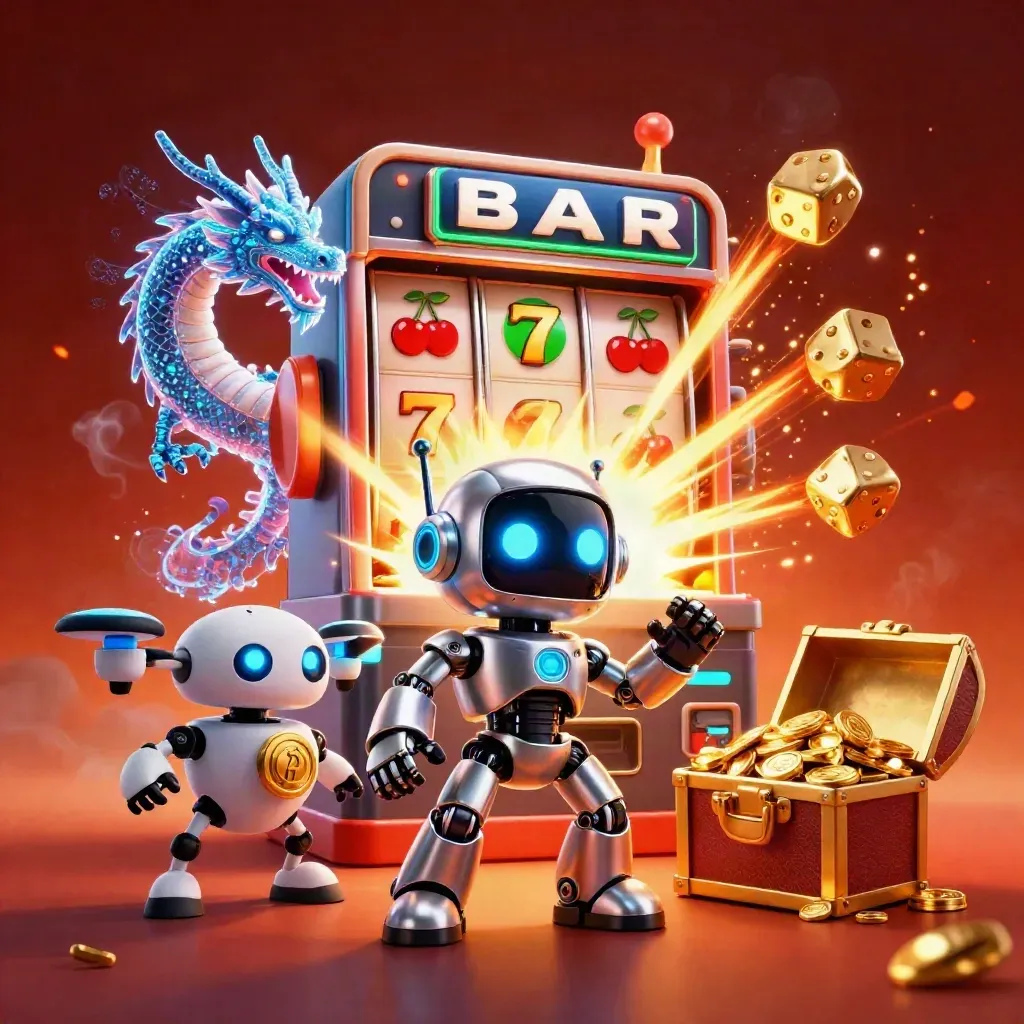 Cyberpunk robot, holographic dragon, and drone amid exploding slots, gold, dice, and ember glow.