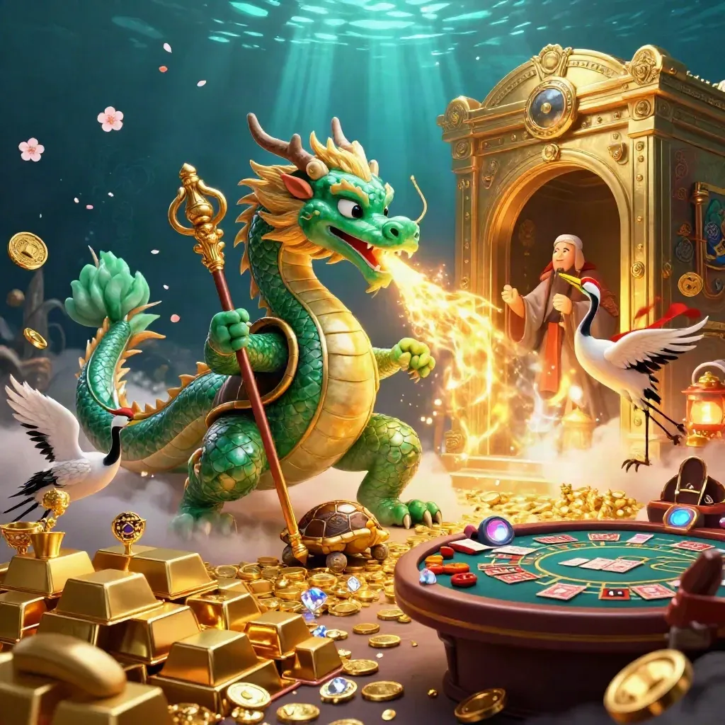 Emerald dragon, turtle sage and cranes burst from a glowing vault amid gold, gems and casino light.
