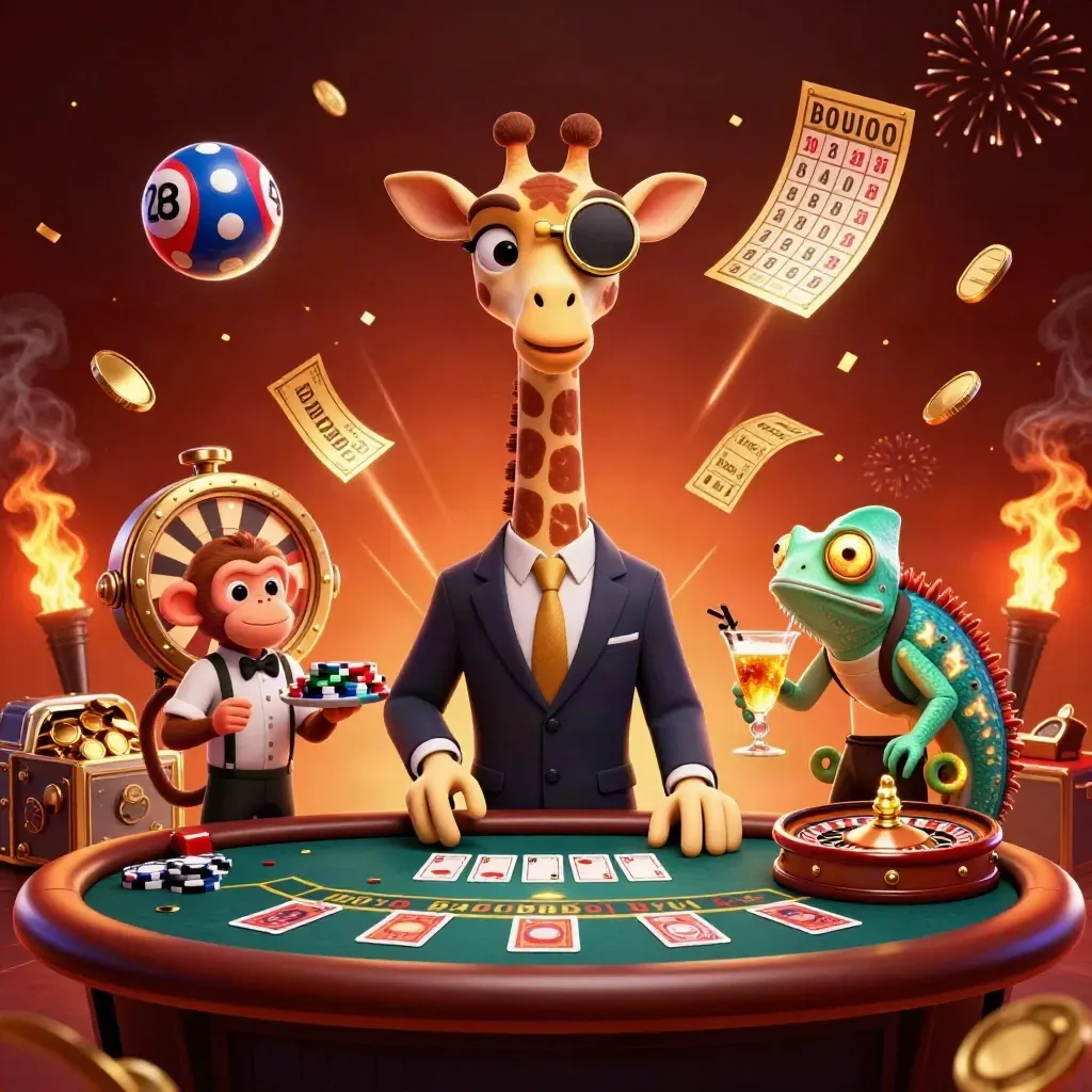 3D giraffe, monkey and chameleon casino heroes amid coins, balls, wheel and fireworks