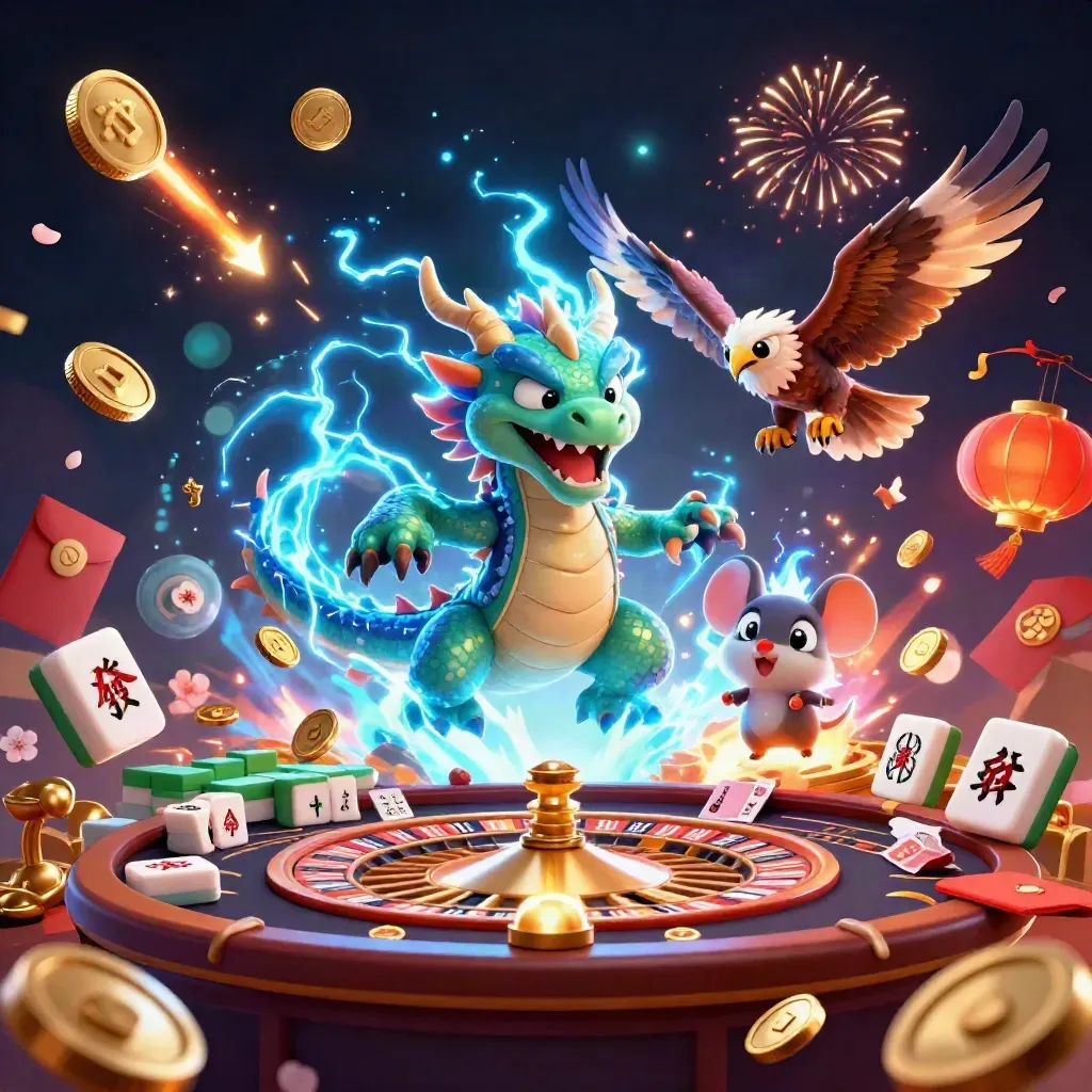 Thunder dragon, wind hawk and static mouse erupt from a vault with coins, lanterns and fireworks.