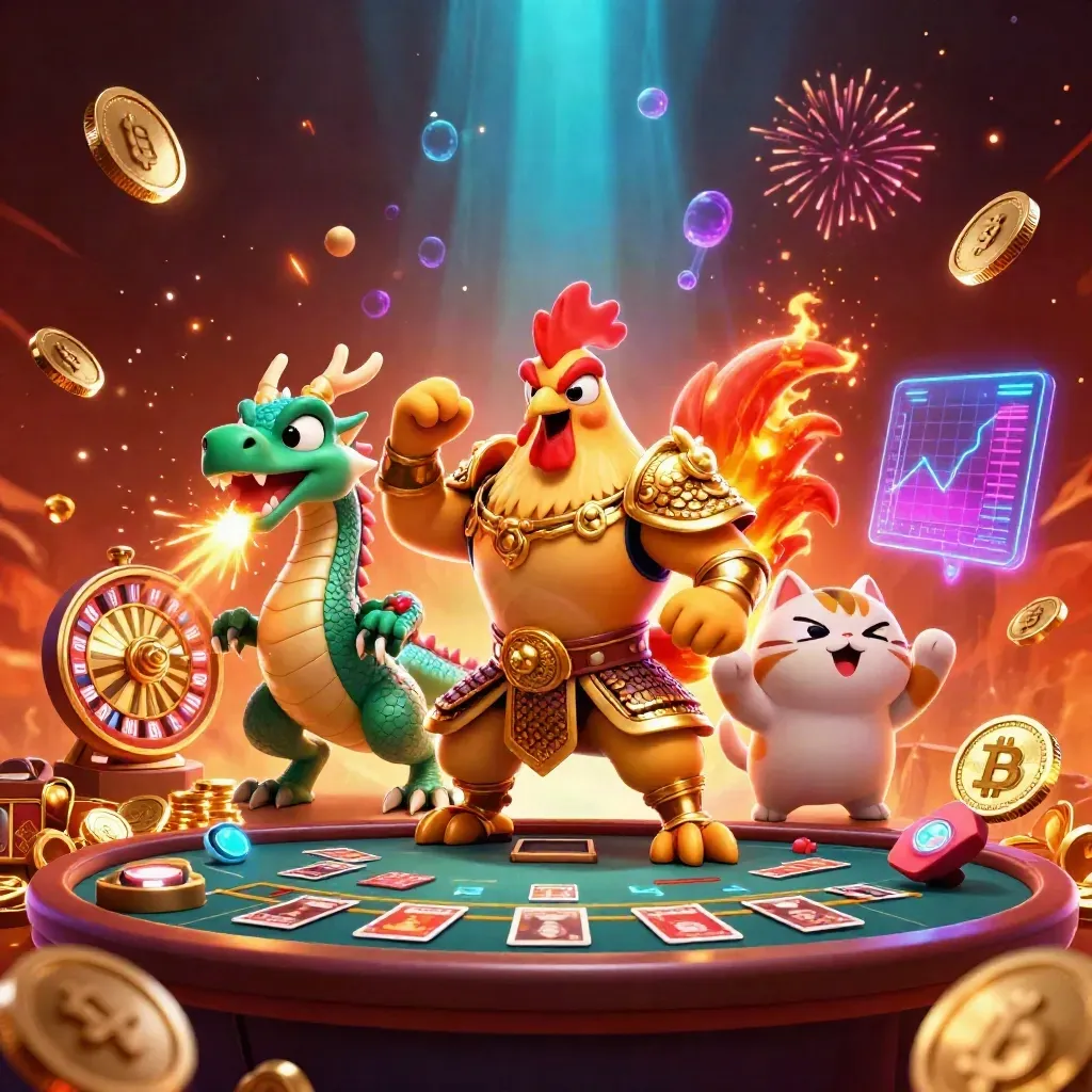 Rooster warrior, dragon hatchling and fortune-cat amid casino coins, fireworks and neon game icons.