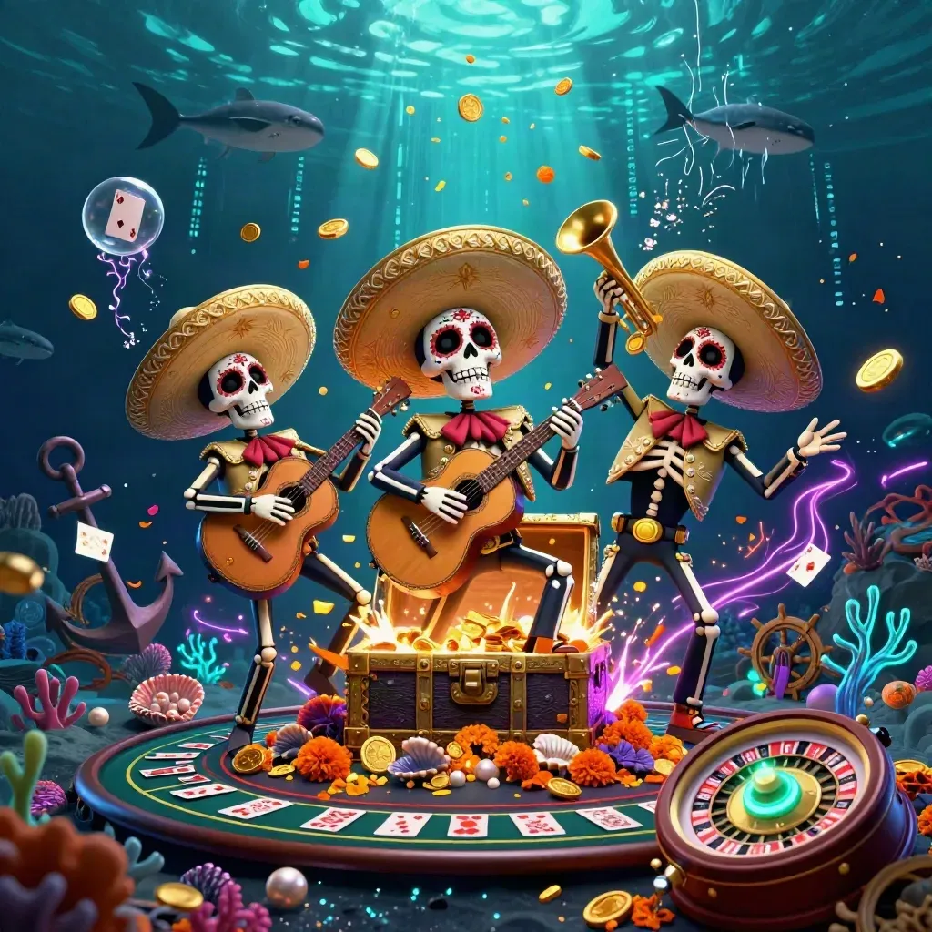 Skeleton mariachi trio amid gold coins, coral, roulette wheel and casino treasure underwater.