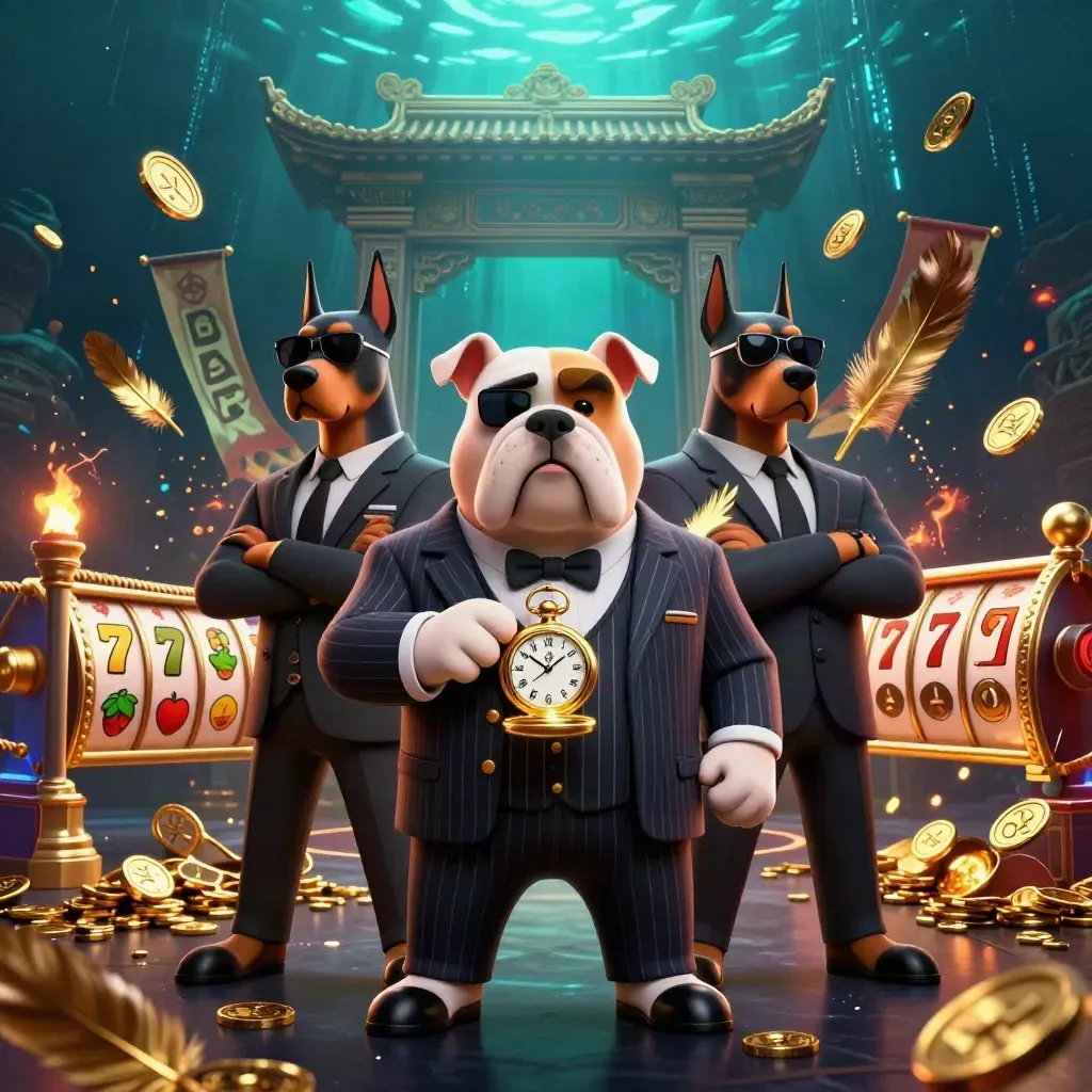 Mafia bulldog and Doberman bodyguards amid gold, neon energy, and underwater casino light rays.