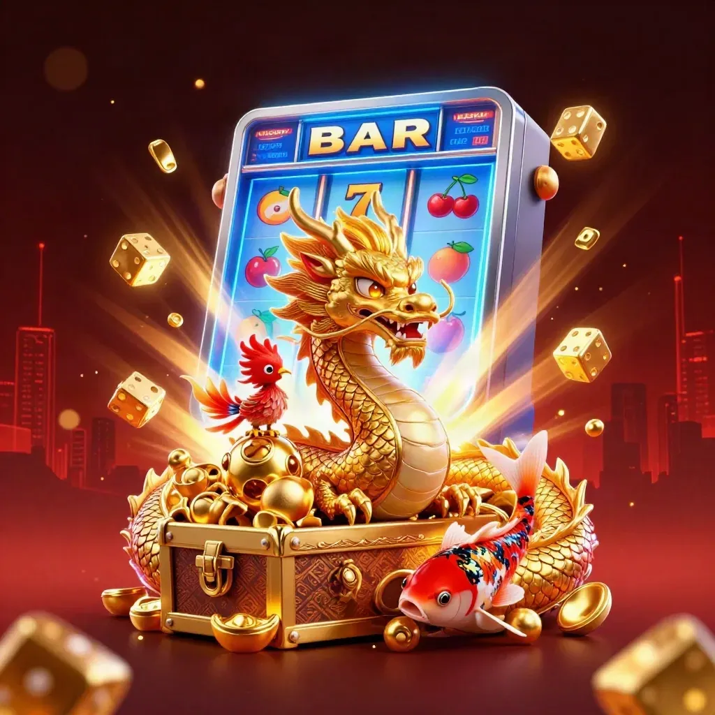 Golden dragon, phoenix and koi with slot reels and jackpot burst in dark casino glow.