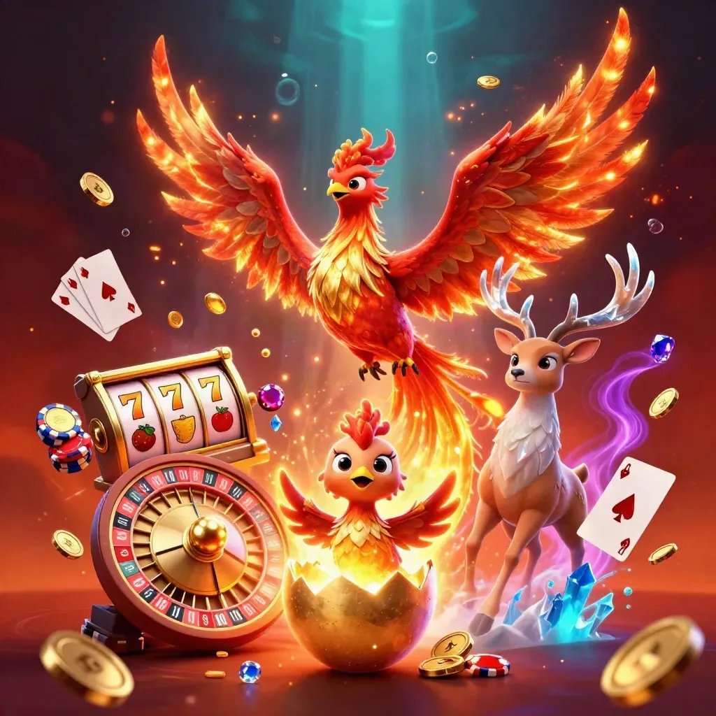 Phoenix, hatching egg and stag amid casino chips, coins, roulette wheel and glowing embers