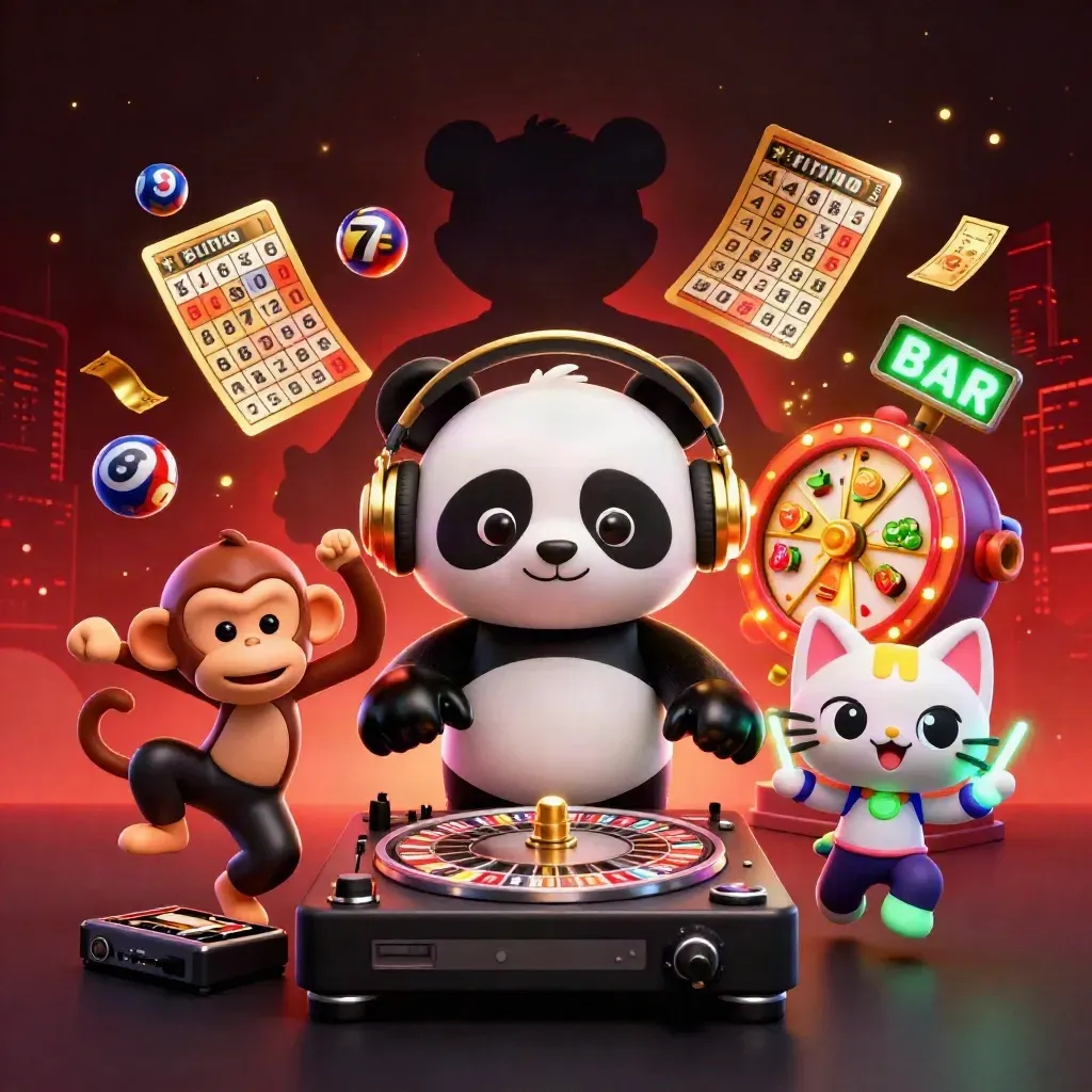 DJ panda, dancing monkey, and neon kitten with casino symbols in a dark premium glow.