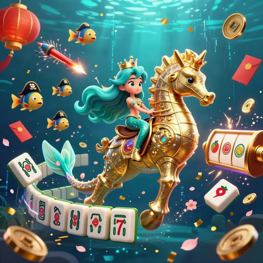 Mermaid princess rides a golden seahorse amid pirate fish, lanterns, coins, tiles, and neon underwater effects.