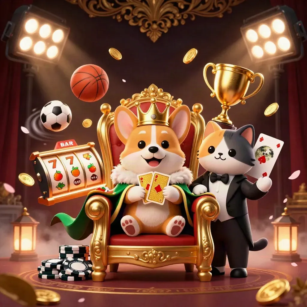 Royal corgi and cat butler on chip throne amid casino balls, coins, trophy, and emerald glow