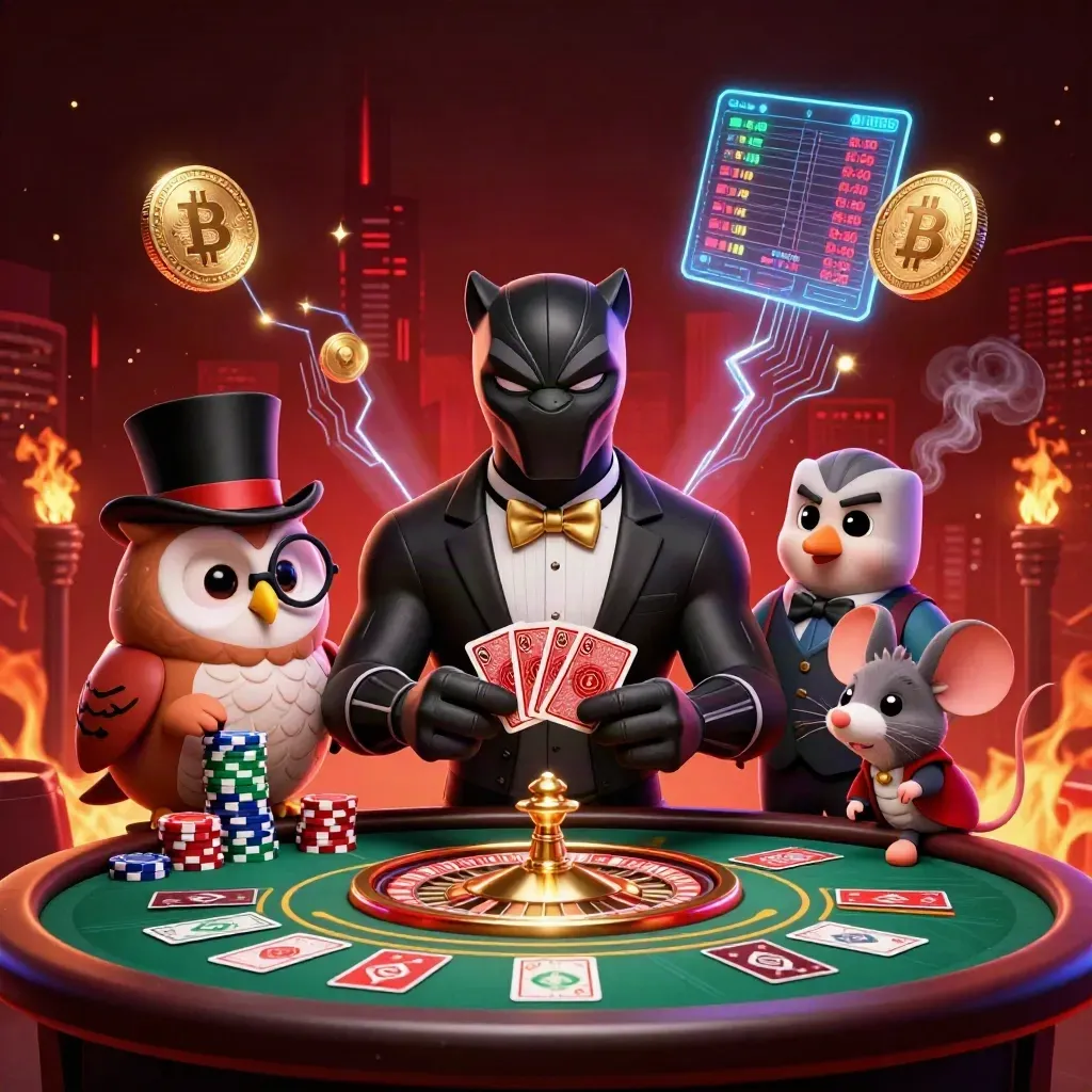Black panther, owl, and mouse casino mascots amid gold chips, coins, and neon lights.