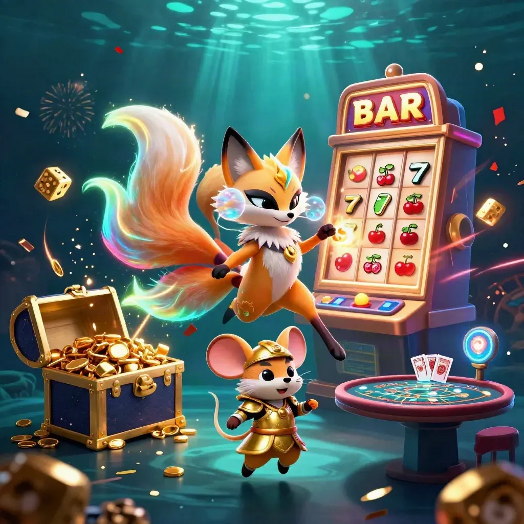 Neon fox spirit and armored mouse amid casino symbols, gold, sparks, and glowing slot rewards