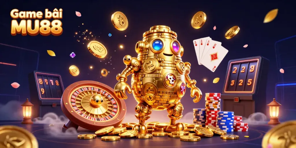 Win big at Game bài MU88 with exciting 3D casino action featuring vibrant game elements and a golden golem.