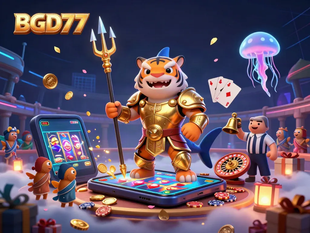 Experience the thrilling underwater casino action with BGD77's vibrant 3D illustration showcasing games and excitement.