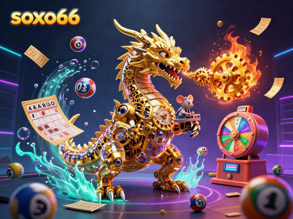 Experience thrilling moments with soxo66 as golden lottery elements explode from a biomechanical dragon.