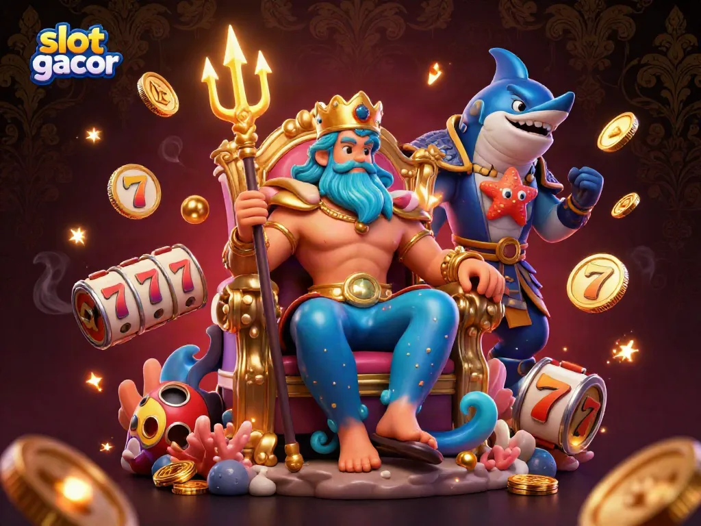 Experience slot gacor in a vibrant, whimsical casino scene featuring a dynamic sea king and gold coins.