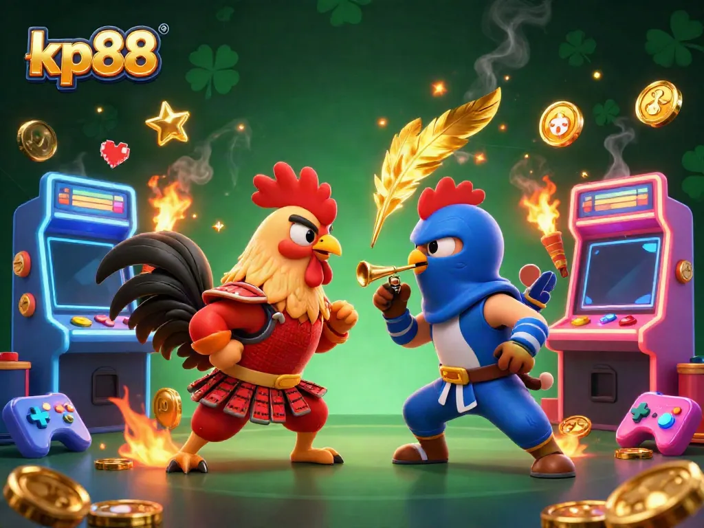 Experience the thrill of kp88 with animated fighting roosters in an exhilarating casino scene.