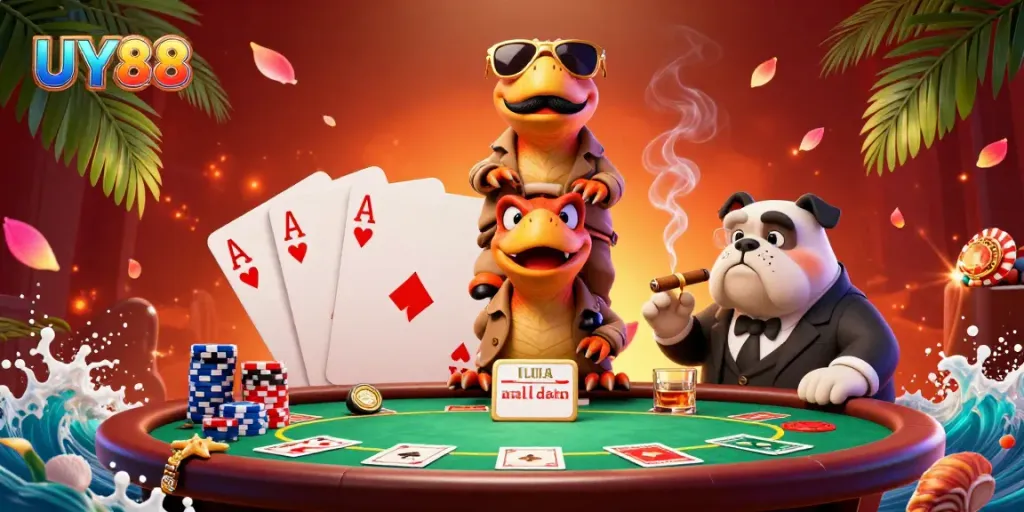 Experience casino excitement with UY88 as playful raptors stack up, entering a VIP lounge full of game elements.