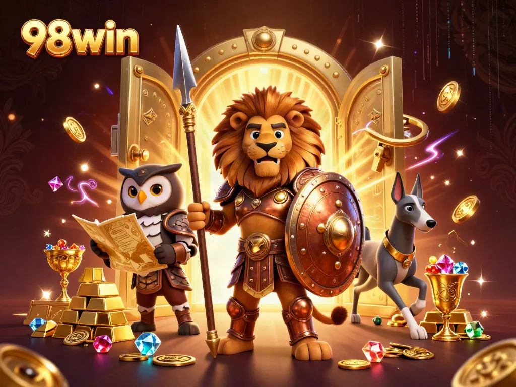 Engage with 98win's thrilling gaming experience featuring a valiant Spartan lion and treasures in an exhilarating casino scene.