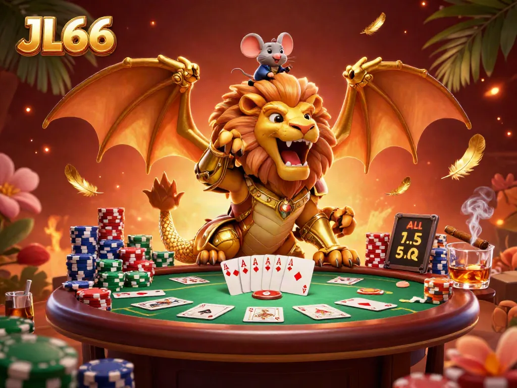 Experience the excitement of JL66 with a roaring chimera and colorful poker elements in a dazzling casino scene.