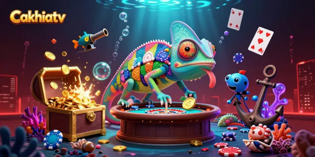 Cakhiatv features a cartoon chameleon casino owner grabbing golden coins, illustrating a vibrant gambling scene.
