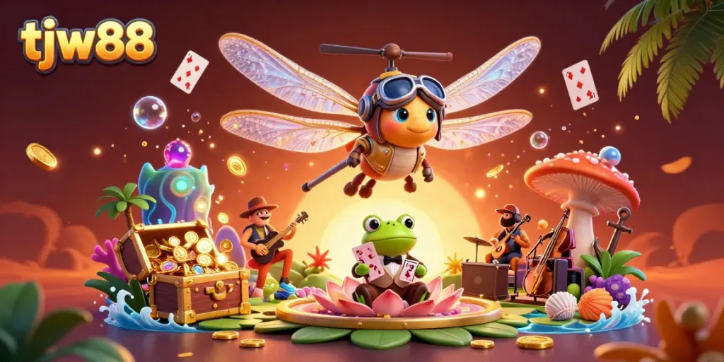 Experience the vibrant and immersive world of tjw88 with a cartoon dragonfly pilot, lively casino atmosphere.