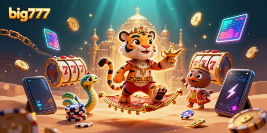 Engage with big777 in a vibrant casino scene featuring a tiger sultan on a magic carpet surrounded by slot reels.