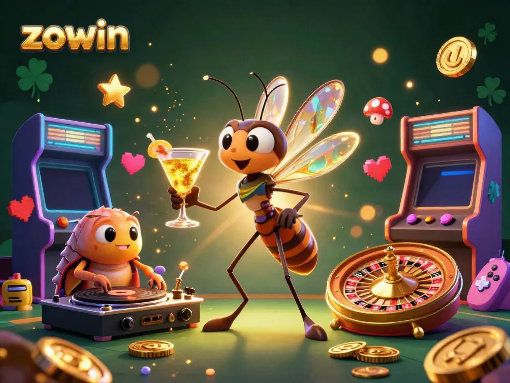 Zowin casino features a unique scene of an amber mosquito mascot, trilobite DJ, and golden roulette wheel.