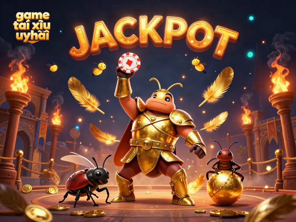 Engage in the thrilling game tài xỉu uy tín with this vibrant 3D illustration featuring a heroic beetle and golden elements.
