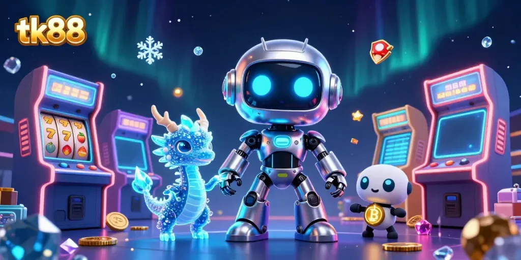 Engage with tk88's vibrant casino scene featuring a charming cyberpunk robot, dragon, and bitcoin drone.