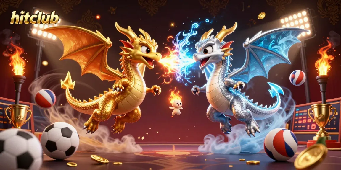Hitclub features animated dragons symbolizing gaming excitement amidst vibrant sports elements.