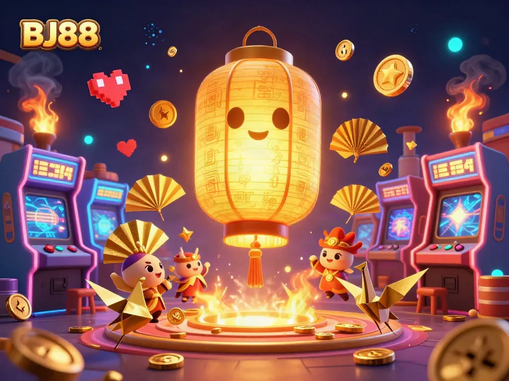 BJ88 brings players vibrant energy in a casino-themed digital art with golden lantern spirit and engaging game elements.