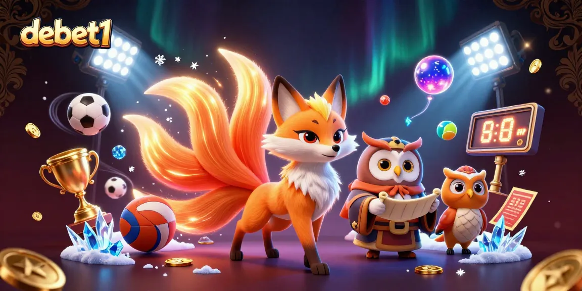Bet on debet1 with a vibrant 3D scene of a glowing nine-tailed fox and wise owl amidst dynamic sports elements.