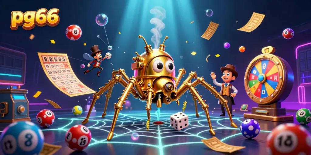 Engage with pg66's dynamic gaming scene featuring a steampunk spider and a fly gentleman amidst vibrant lottery elements.