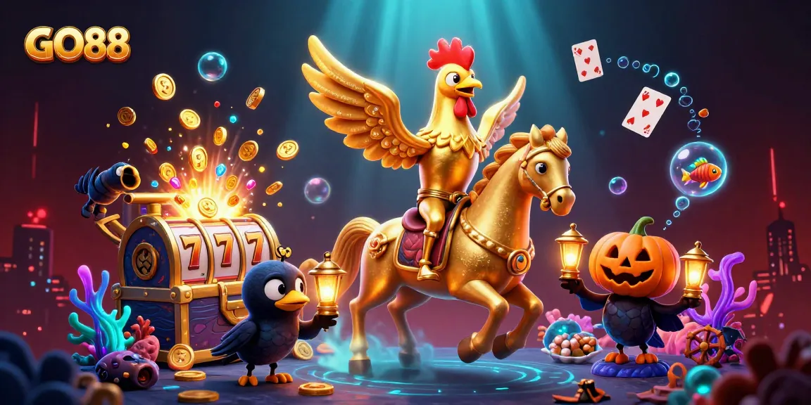 Experience thrilling gaming action at GO88 with golden roosters and vibrant casino elements.