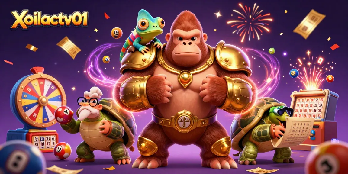 Xoilactv01 showcases a powerful gorilla in armor, colorful lottery balls dynamic action, enhancing online gambling experience.
