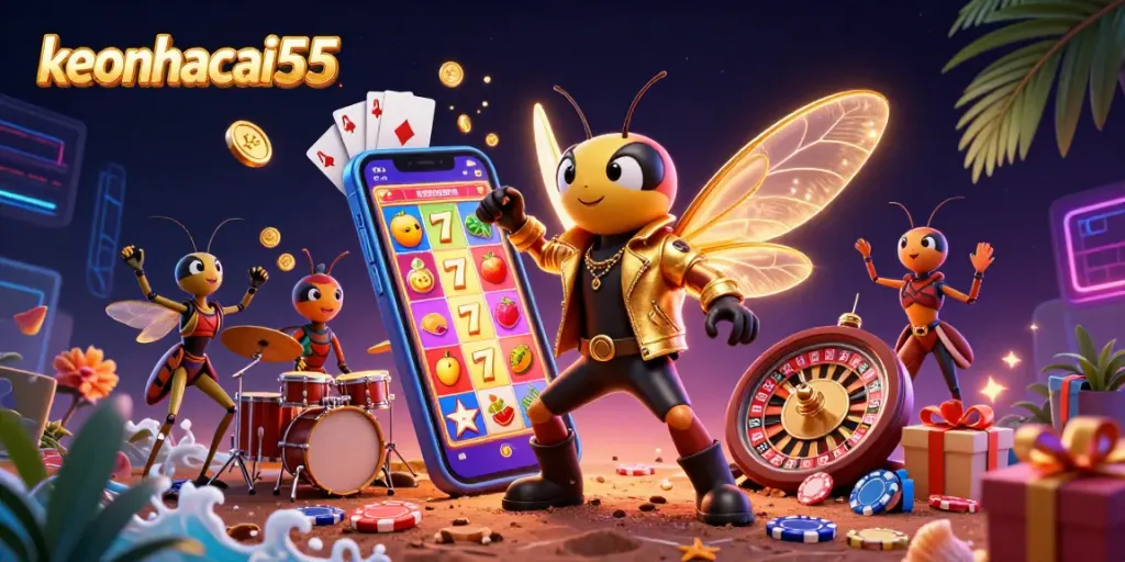 Engage with the exciting world of keonhacai55 through a vibrant casino-themed illustration.